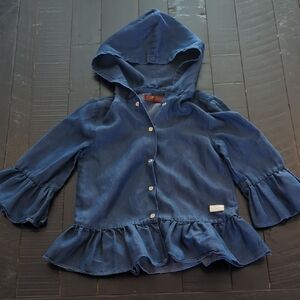 Blue Ruffled Button-Up Hoodie